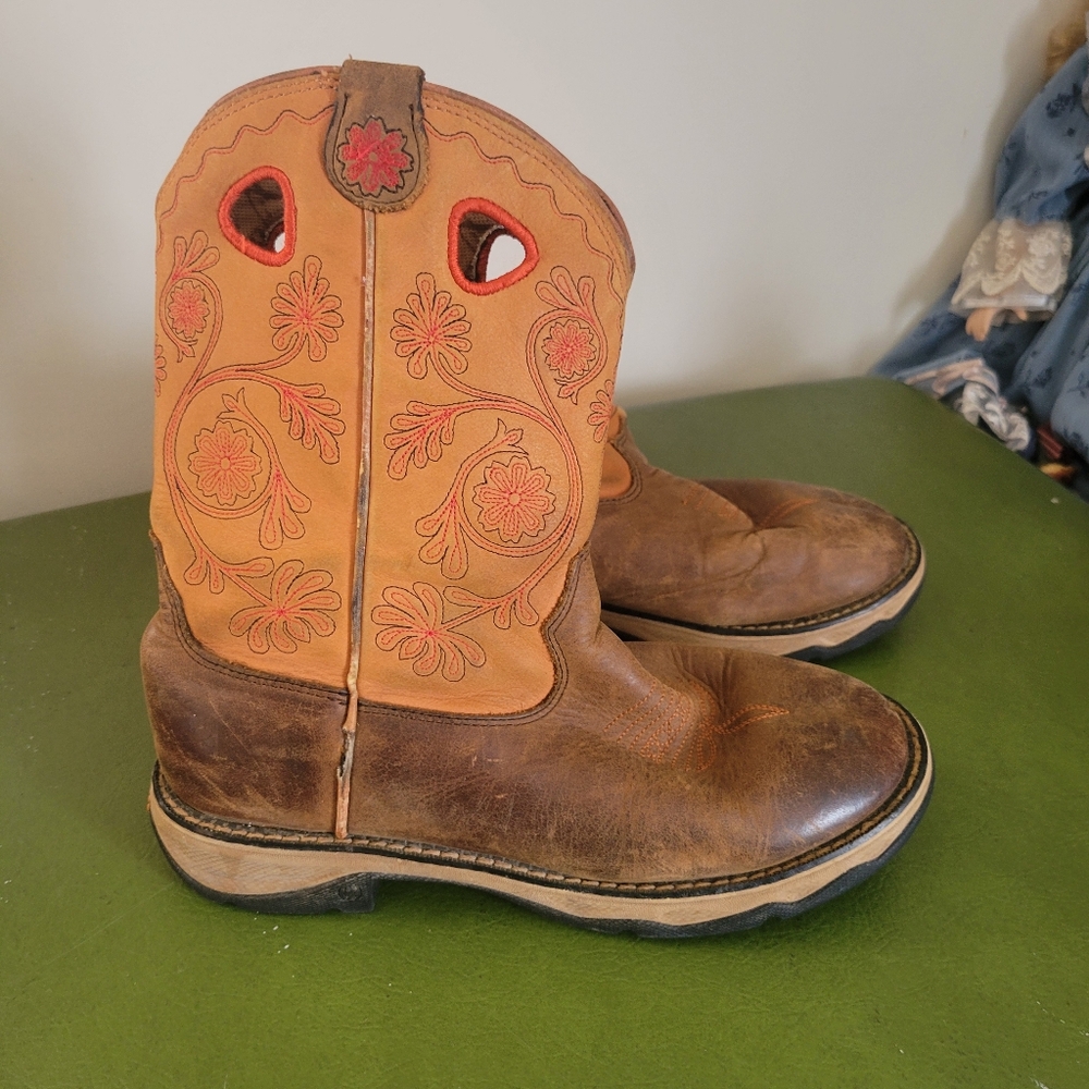 Durango Flirt Coral Orange and Brown Western Boots with Red Embroidery 6